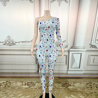 Summer Kimshein Women's Colorful One-Shoulder Long-Sleeved Bodycon Jumpsuit with Water Diamond and Crystal Embellishments