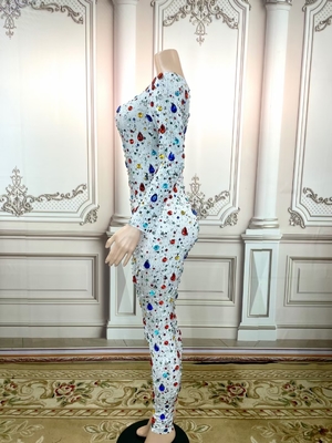 Summer Kimshein Women's Colorful One-Shoulder Long-Sleeved Bodycon Jumpsuit with Water Diamond and Crystal Embellishments