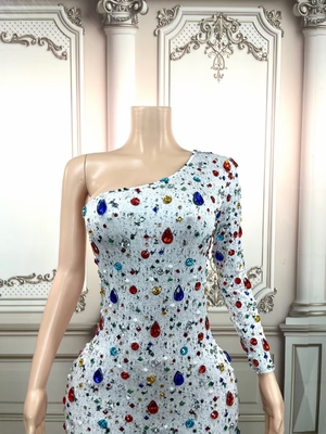 Summer Kimshein Women's Colorful One-Shoulder Long-Sleeved Bodycon Jumpsuit with Water Diamond and Crystal Embellishments
