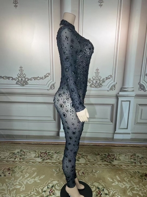 Kimshein Women's Handmade Crystal Sports Suit Mesh Cutout Black Rhinestone Jumpsuit The Perfect Fit for the Modern Woman
