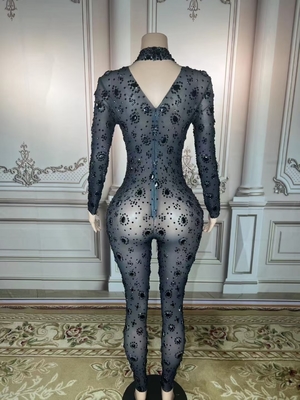 Kimshein Women's Handmade Crystal Sports Suit Mesh Cutout Black Rhinestone Jumpsuit The Perfect Fit for the Modern Woman