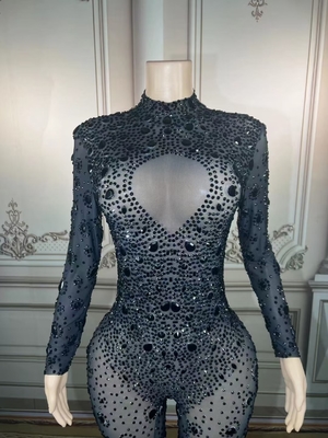 Kimshein Women's Handmade Crystal Sports Suit Mesh Cutout Black Rhinestone Jumpsuit The Perfect Fit for the Modern Woman