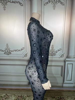 Kimshein Women's Handmade Crystal Sports Suit Mesh Cutout Black Rhinestone Jumpsuit The Perfect Fit for the Modern Woman