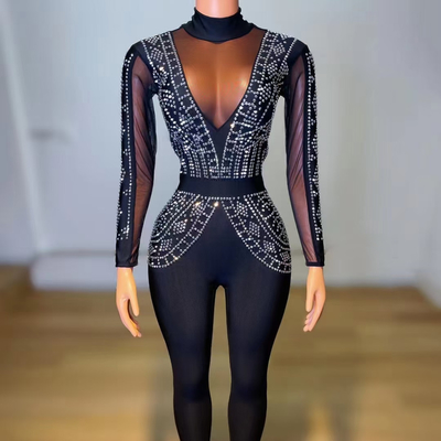 AD1438 Kimshein Lady's Deluxe Rhinestone Outfit Black Crystal Net See-through Spaghetti Strap Bodycon Jumpsuit for Women