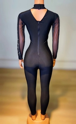 AD1438 Kimshein Lady's Deluxe Rhinestone Outfit Black Crystal Net See-through Spaghetti Strap Bodycon Jumpsuit for Women