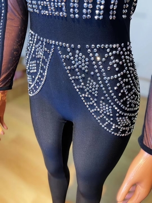 AD1438 Kimshein Lady's Deluxe Rhinestone Outfit Black Crystal Net See-through Spaghetti Strap Bodycon Jumpsuit for Women