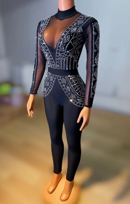 AD1438 Kimshein Lady's Deluxe Rhinestone Outfit Black Crystal Net See-through Spaghetti Strap Bodycon Jumpsuit for Women
