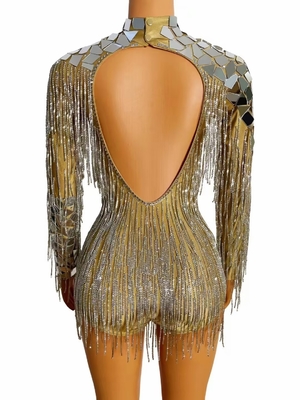 AD1435 Kimshein Women's Long Sleeve Diamond Fringe Dance Jumpsuit with Tight Fit and Anti-static Fabric in Long Tang Style