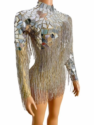 AD1435 Kimshein Women's Long Sleeve Diamond Fringe Dance Jumpsuit with Tight Fit and Anti-static Fabric in Long Tang Style