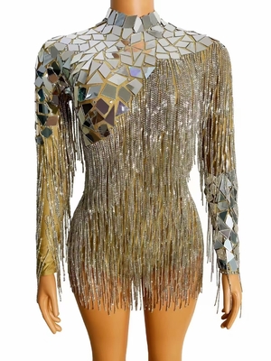 AD1435 Kimshein Women's Long Sleeve Diamond Fringe Dance Jumpsuit with Tight Fit and Anti-static Fabric in Long Tang Style