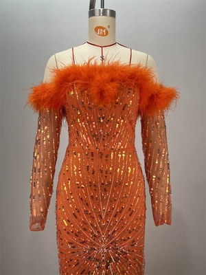 Hard Tulle Fabric ED2705 Kimshein Women's Off-Shoulder Party Dress with Elegant Sequin and Feather Embellishments