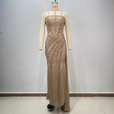 ED2706 Water Crystal Decorated Strapless Evening Dress with Crystal Embellishment and Sparkling Sequins