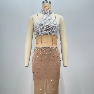 Luxury Fashion Women's Crystal Maxi See-through Party Dress Pearl Maxi Dress Luxury Evening Dress with 7-Day Fast Sampling