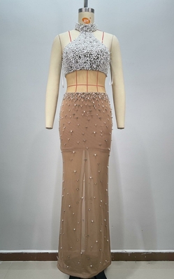 Luxury Fashion Women's Crystal Maxi See-through Party Dress Pearl Maxi Dress Luxury Evening Dress with 7-Day Fast Sampling
