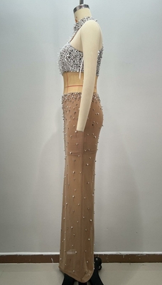 Luxury Fashion Women's Crystal Maxi See-through Party Dress Pearl Maxi Dress Luxury Evening Dress with 7-Day Fast Sampling