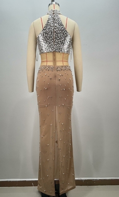 Luxury Fashion Women's Crystal Maxi See-through Party Dress Pearl Maxi Dress Luxury Evening Dress with 7-Day Fast Sampling
