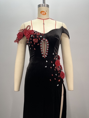 ED2698 High Slit Velvet Beaded Flower Sleeveless Evening Dress with Luxurious Crystal Embellishments and Opulent Design
