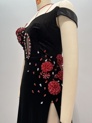 ED2698 High Slit Velvet Beaded Flower Sleeveless Evening Dress with Luxurious Crystal Embellishments and Opulent Design