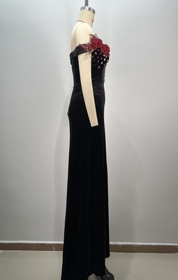 ED2698 High Slit Velvet Beaded Flower Sleeveless Evening Dress with Luxurious Crystal Embellishments and Opulent Design