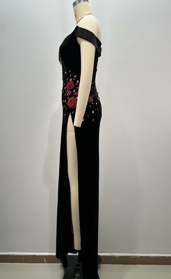 ED2698 High Slit Velvet Beaded Flower Sleeveless Evening Dress with Luxurious Crystal Embellishments and Opulent Design