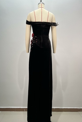 ED2698 High Slit Velvet Beaded Flower Sleeveless Evening Dress with Luxurious Crystal Embellishments and Opulent Design
