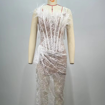 ED2696 Off-Shoulder Sleeveless Wedding Dress Lace Evening Dress Sexy Ruffled Feather Maxi Dress for Sophisticated Brides
