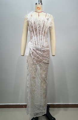 ED2696 Off-Shoulder Sleeveless Wedding Dress Lace Evening Dress Sexy Ruffled Feather Maxi Dress for Sophisticated Brides