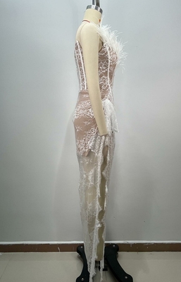 ED2696 Off-Shoulder Sleeveless Wedding Dress Lace Evening Dress Sexy Ruffled Feather Maxi Dress for Sophisticated Brides