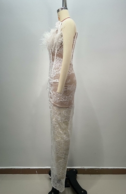 ED2696 Off-Shoulder Sleeveless Wedding Dress Lace Evening Dress Sexy Ruffled Feather Maxi Dress for Sophisticated Brides