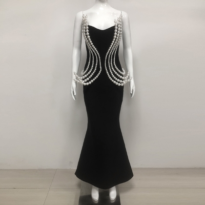 Kimshein Luxury Pearl Women's Strapless Maxi Dress Long Sexy Evening Dress Bandage Skirt 220g Fabric Weight Tight-Fitting