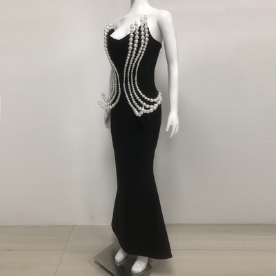 Kimshein Luxury Pearl Women's Strapless Maxi Dress Long Sexy Evening Dress Bandage Skirt 220g Fabric Weight Tight-Fitting