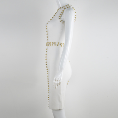 Elegant BA2330 Sleeveless Slim Fit Ladies Bandage Metal Beaded Bodycon Dress for Professional Workday Commute
