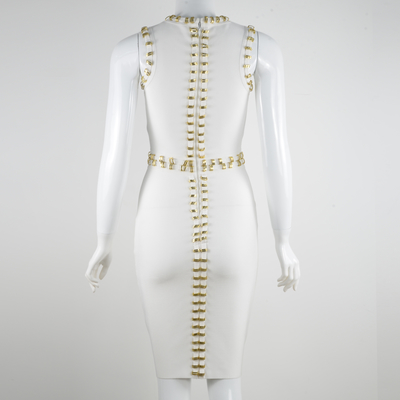 Elegant BA2330 Sleeveless Slim Fit Ladies Bandage Metal Beaded Bodycon Dress for Professional Workday Commute