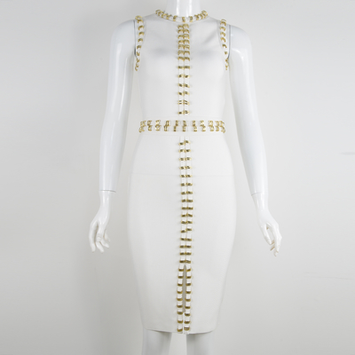 Elegant BA2330 Sleeveless Slim Fit Ladies Bandage Metal Beaded Bodycon Dress for Professional Workday Commute