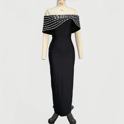 A-Line Crystal Decorated Off-Shoulder Bodycon Dress Perfect for Women's Club Party in Luxurious Black Bandage