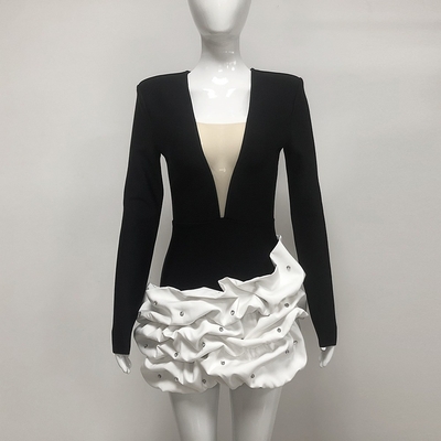 Water Diamond LS2619 Pleated Bandage Mini Dress Tight Elegant Deep V-neck Sexy Crystal Party Skirt with No Print Method