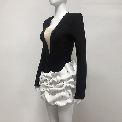 Water Diamond LS2619 Pleated Bandage Mini Dress Tight Elegant Deep V-neck Sexy Crystal Party Skirt with No Print Method