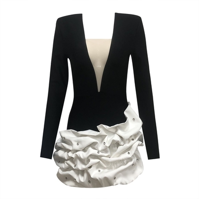 Water Diamond LS2619 Pleated Bandage Mini Dress Tight Elegant Deep V-neck Sexy Crystal Party Skirt with No Print Method