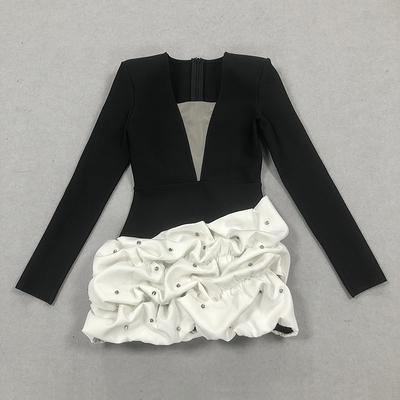 Water Diamond LS2619 Pleated Bandage Mini Dress Tight Elegant Deep V-neck Sexy Crystal Party Skirt with No Print Method
