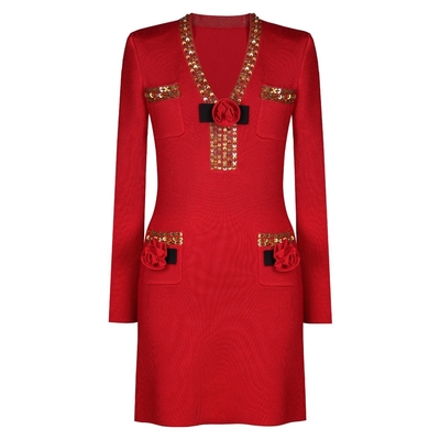 Kimshein LS2622 Luxury Women's Long Sleeve V-Neck Mini Dress with Shimmering Floral Design Chinese Size Description