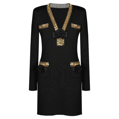 Kimshein LS2622 Luxury Women's Long Sleeve V-Neck Mini Dress with Shimmering Floral Design Chinese Size Description
