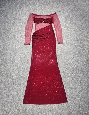 LS2620 Woven Craftsmanship Off-Shoulder Party Dress with Elegant Beaded Details and Polyester/Spandex Material