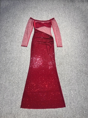 LS2620 Woven Craftsmanship Off-Shoulder Party Dress with Elegant Beaded Details and Polyester/Spandex Material