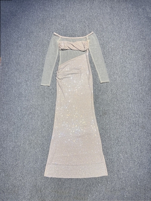 LS2620 Woven Craftsmanship Off-Shoulder Party Dress with Elegant Beaded Details and Polyester/Spandex Material