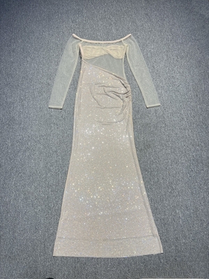 LS2620 Woven Craftsmanship Off-Shoulder Party Dress with Elegant Beaded Details and Polyester/Spandex Material
