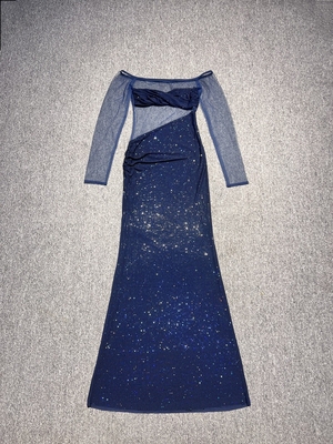 LS2620 Woven Craftsmanship Off-Shoulder Party Dress with Elegant Beaded Details and Polyester/Spandex Material
