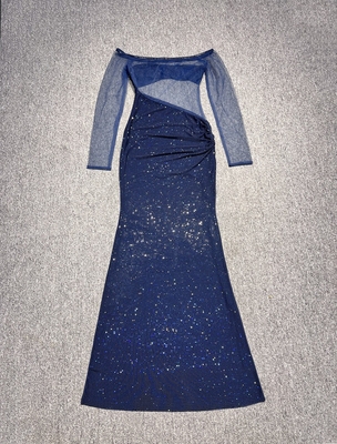 LS2620 Woven Craftsmanship Off-Shoulder Party Dress with Elegant Beaded Details and Polyester/Spandex Material