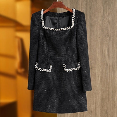 LS2616 Fashionable Women's Pearl-Embellished Dress with Elegant Square Neckline Long Sleeves and Sexy Black Mini Dress