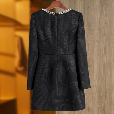 LS2616 Fashionable Women's Pearl-Embellished Dress with Elegant Square Neckline Long Sleeves and Sexy Black Mini Dress