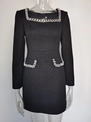 LS2616 Fashionable Women's Pearl-Embellished Dress with Elegant Square Neckline Long Sleeves and Sexy Black Mini Dress